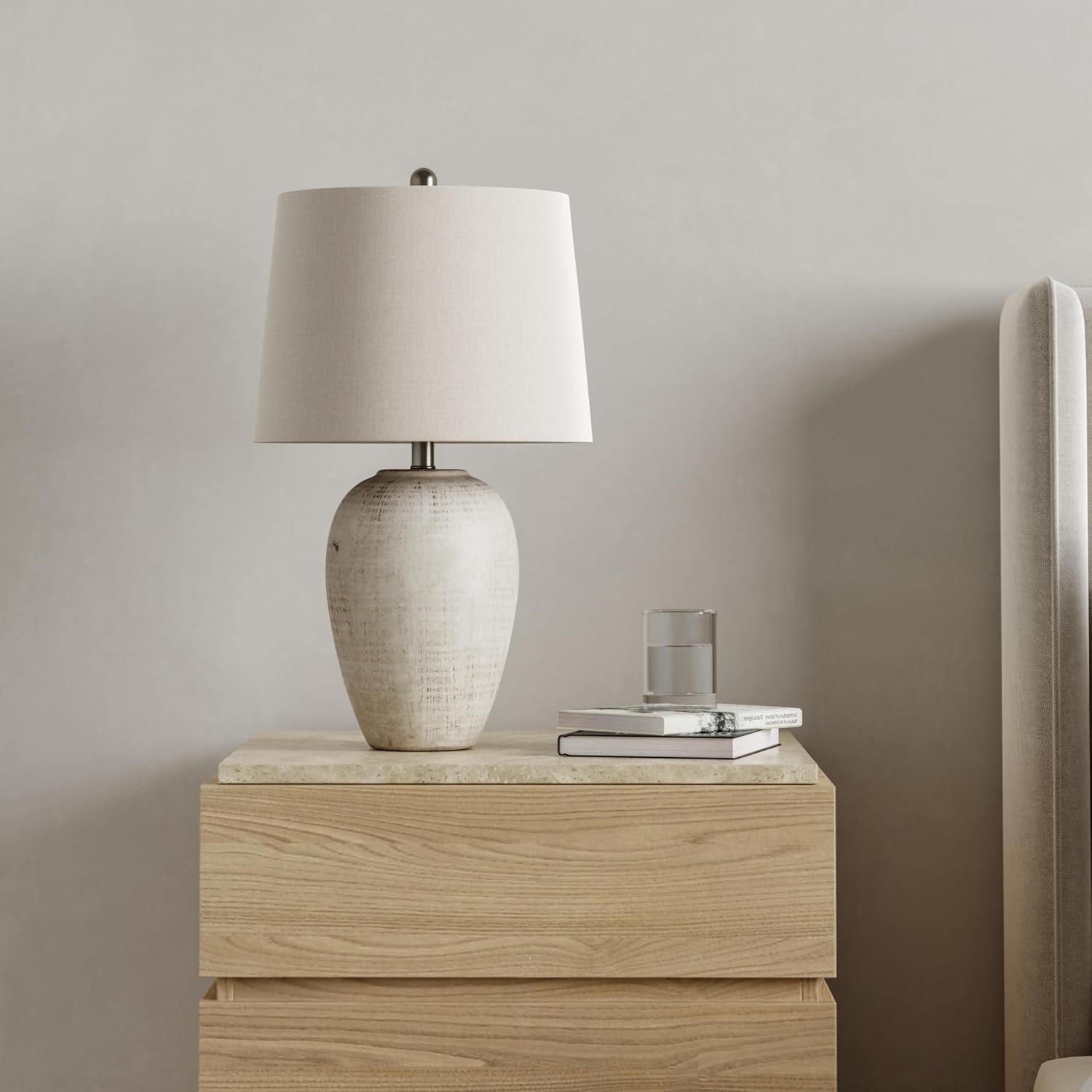 71074Gww4eL._AC_SL1500_ 23" Distressed Cream/Beige Rustic Ceramic Jar Table Lamp for Bedroom, Living Room, Dining Office, with Ivory Shade - Image 1