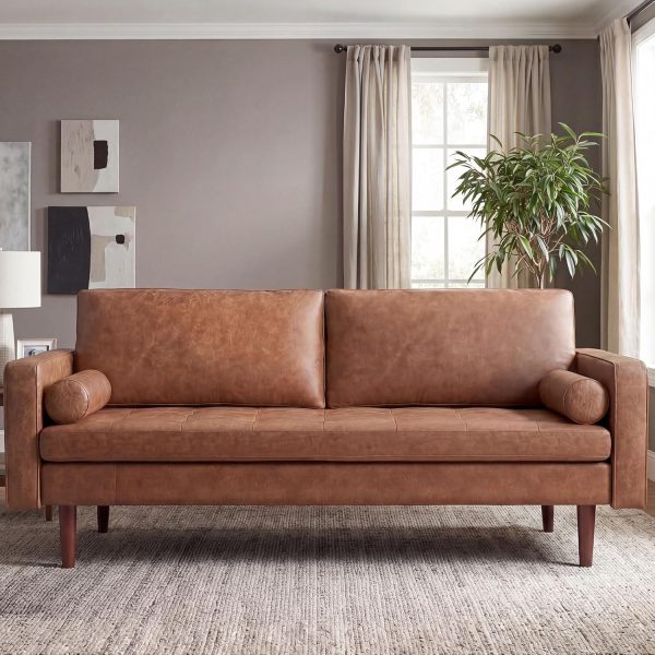 Faux leather sofa, 70-inch mid-century modern style sofa, brown