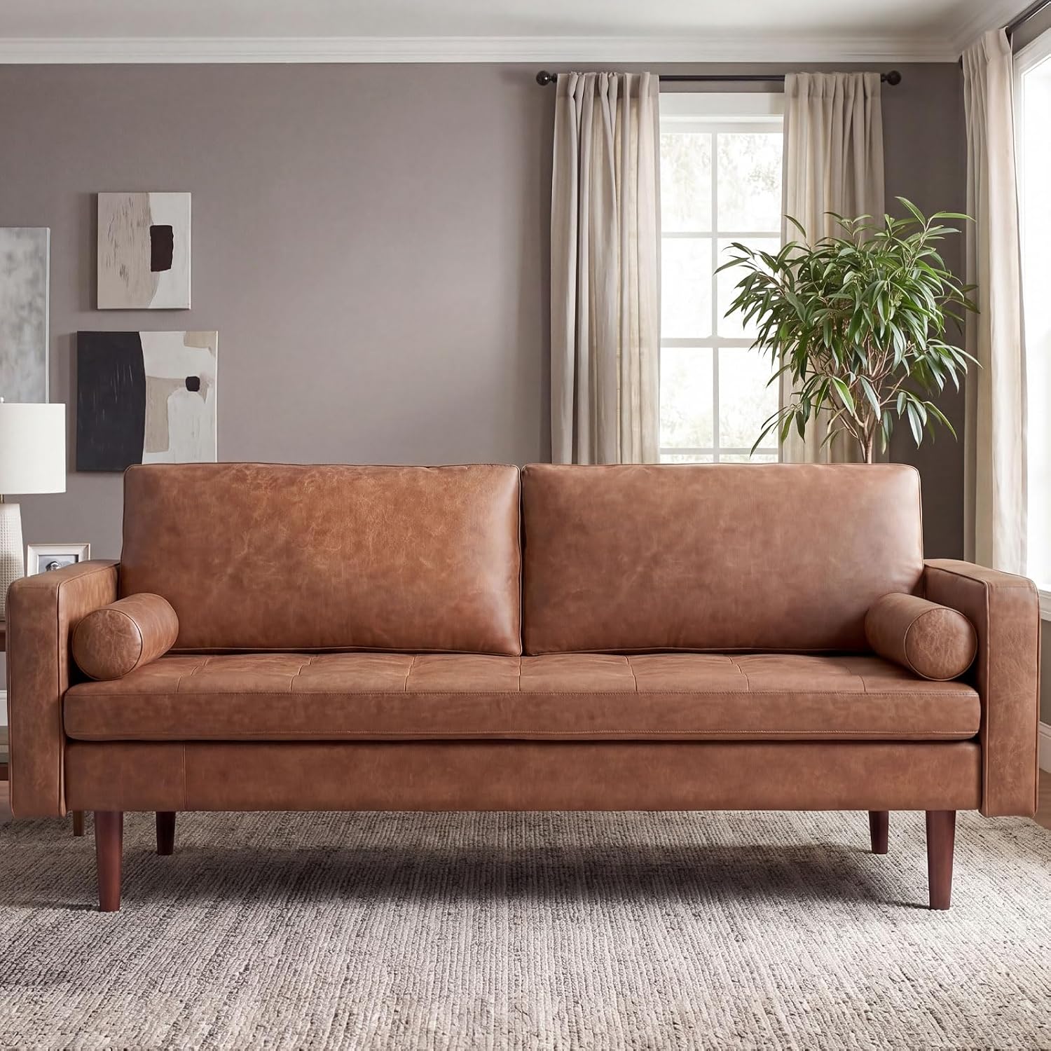 81UUJ8DogoL._AC_SL1500_ Faux leather sofa, 70-inch mid-century modern style sofa, brown - Image 1